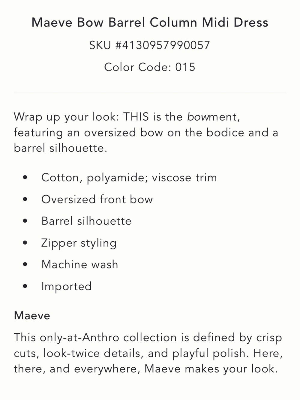 Maeve Barrel Bow Mido Dress, NWT L - Picture 6 of 6